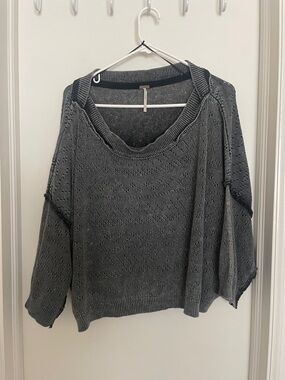 Free People Gray Open-Knit Scoop Neck Sweater